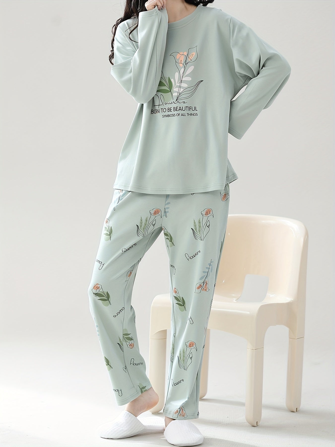Floral Pajama Set Long Sleeve Top & Pants Women's Sleepwear