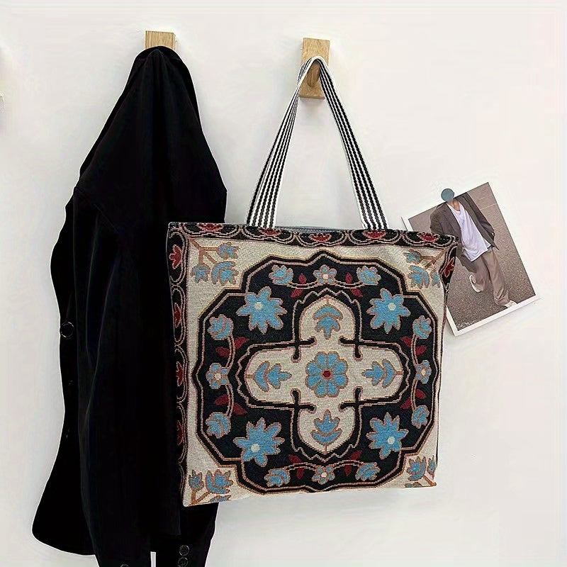 Floral Embroidered Tote Bag Canvas Shoulder Bag Large Capacity