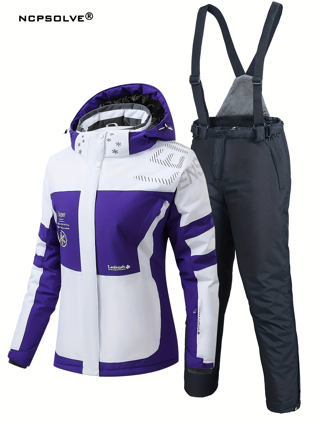 Snowflake & Letter Print Ski Set Hooded Jacket & Suspender Trouser