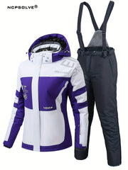 Snowflake & Letter Print Ski Set Hooded Jacket & Suspender Trouser