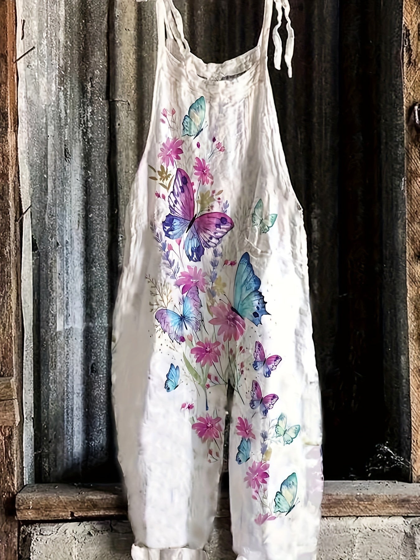  Retro Butterfly Print Wide Leg Jumpsuit