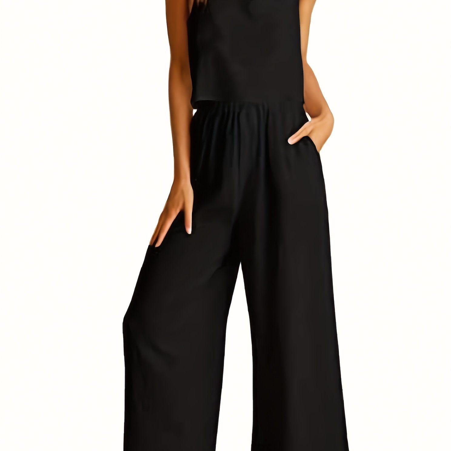 Women's Plus Solid Square Neck Crop Top & Wide Leg Pant Set