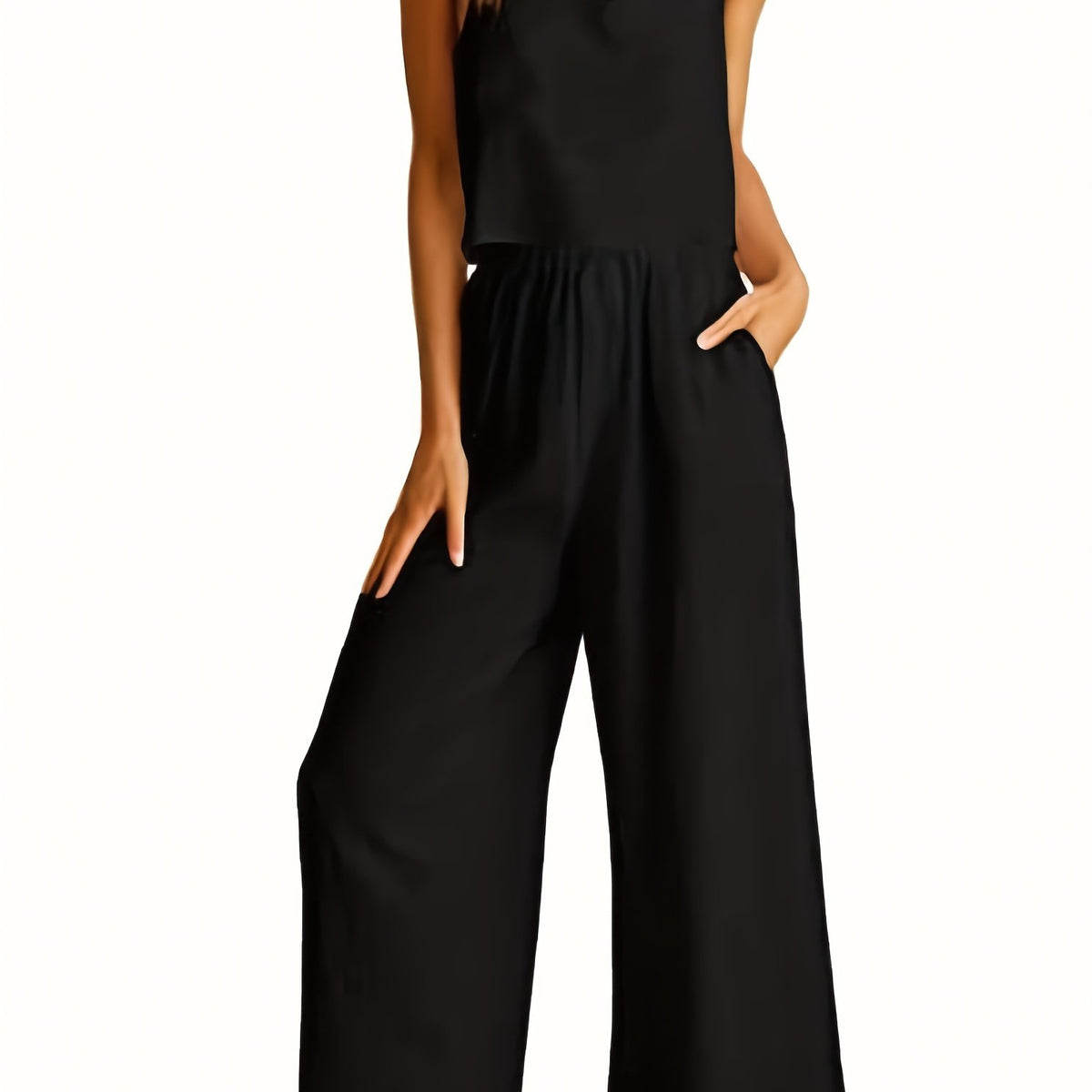 Women's Plus Solid Square Neck Crop Top & Wide Leg Pant Set
