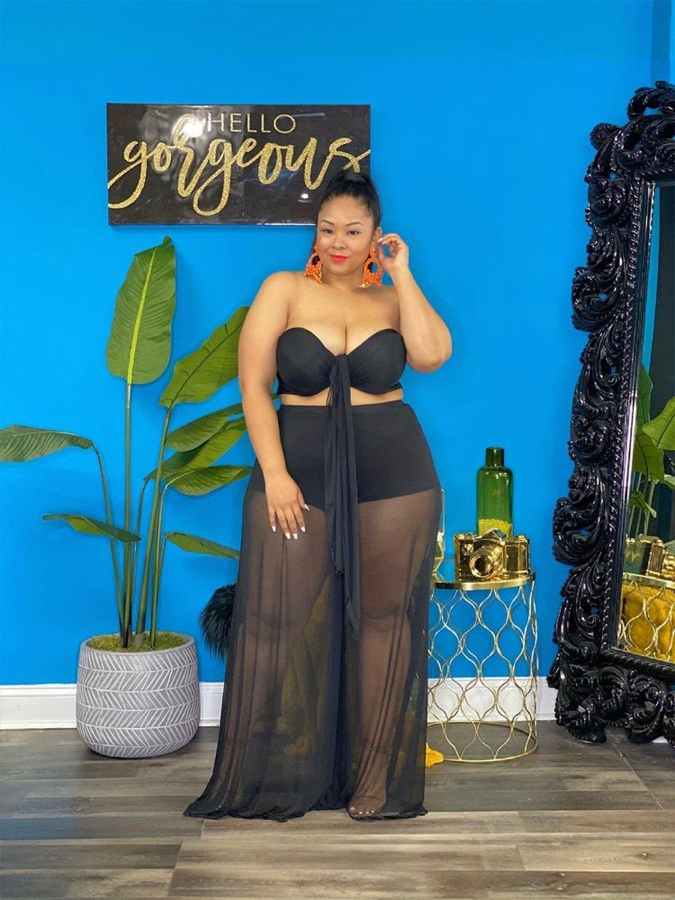 Sexy Outfit: Solid Knot Tube Top & Wide Leg Pants Two Piece Set