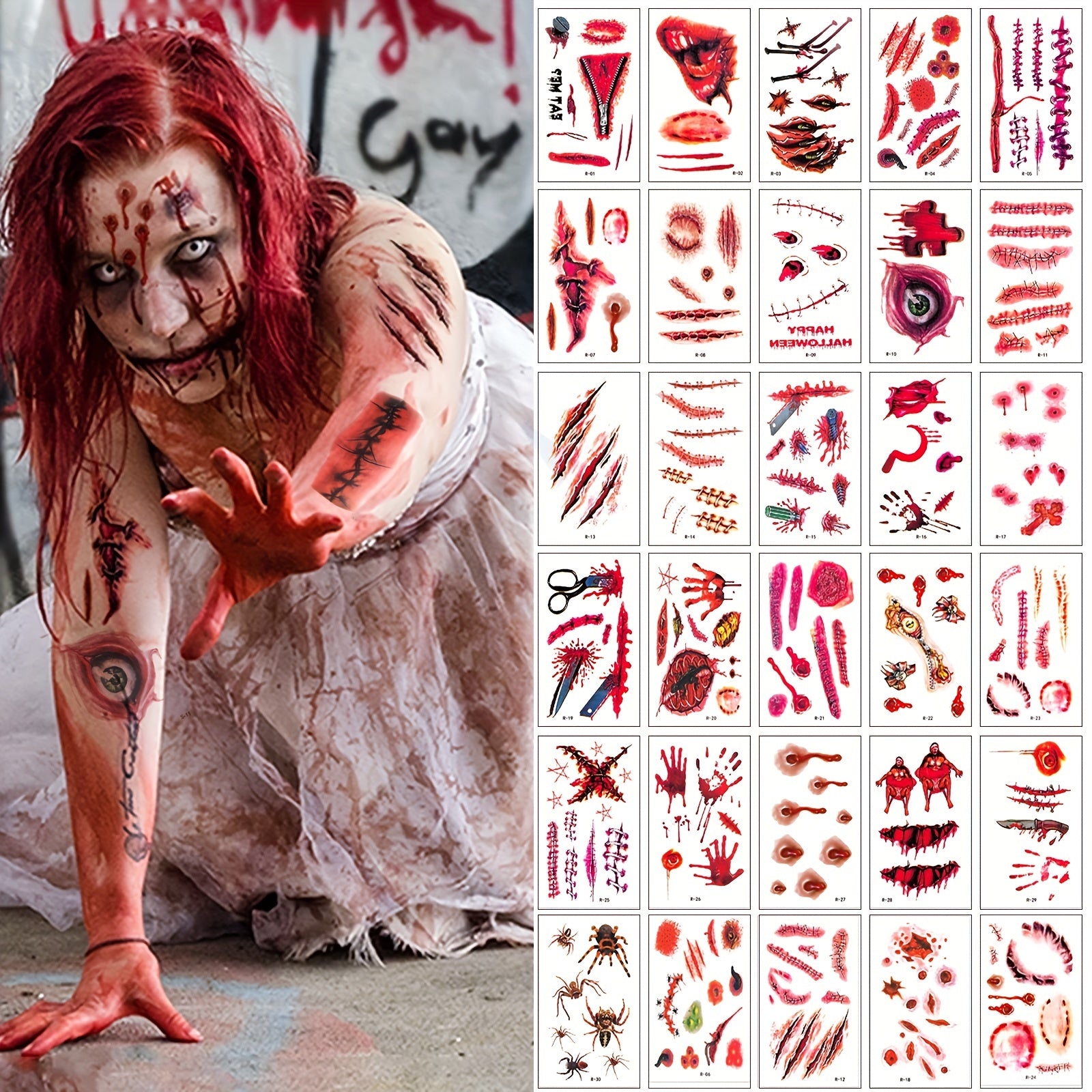 Halloween Horror Tattoo Stickers 30 Pieces Waterproof Realistic Stickers