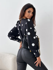  Dot Print Lantern Sleeve Blouse