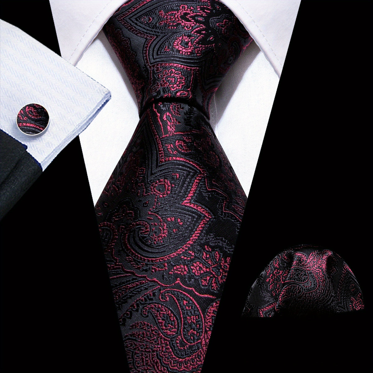 Barry Wang Men's Tie Dark Jacquard Paisley Set