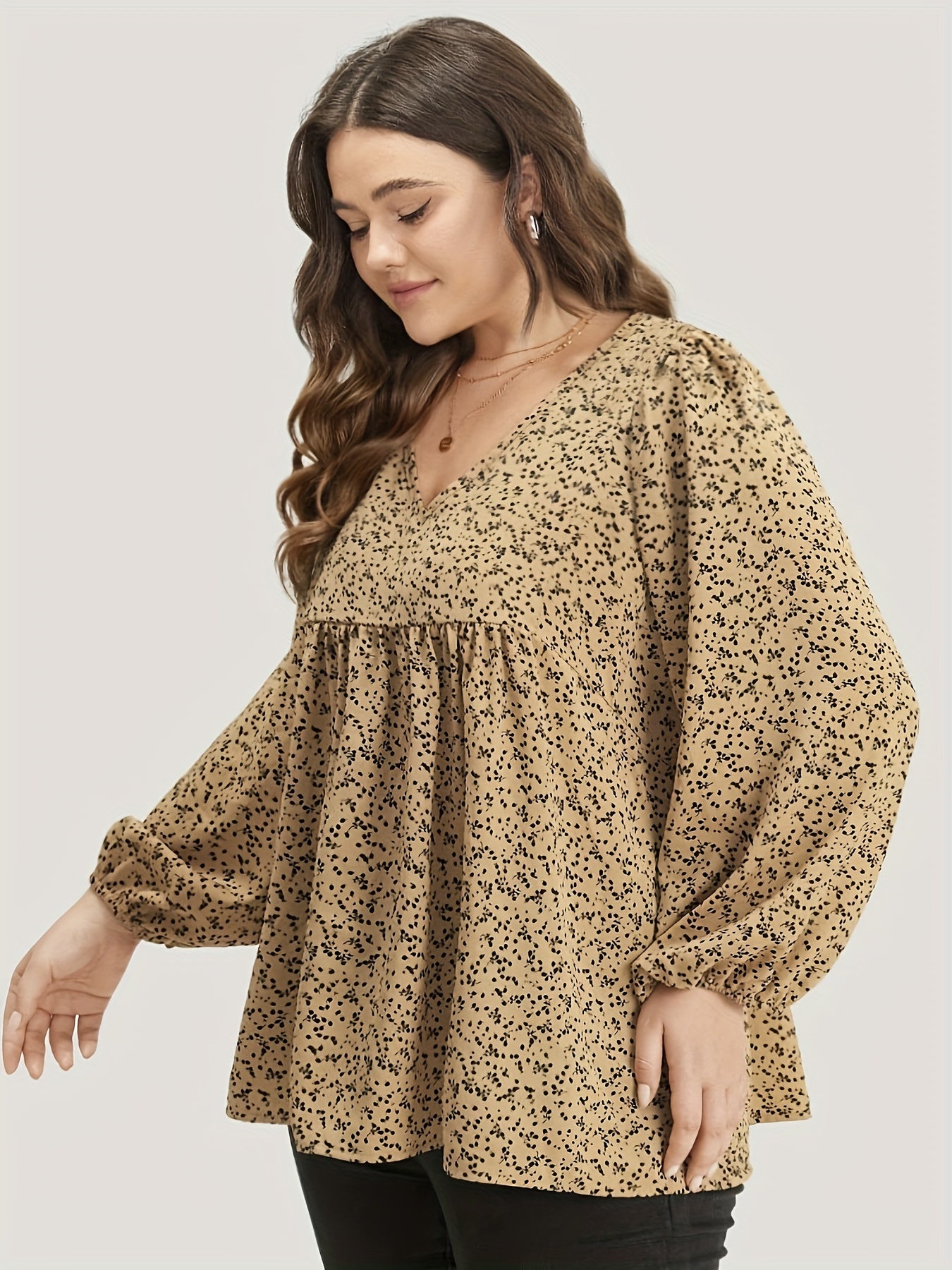  Blouse Women's Plus Ditsy Floral Print Lantern Sleeve V Neck Peplum