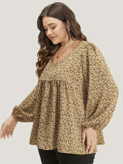  Blouse Women's Plus Ditsy Floral Print Lantern Sleeve V Neck Peplum