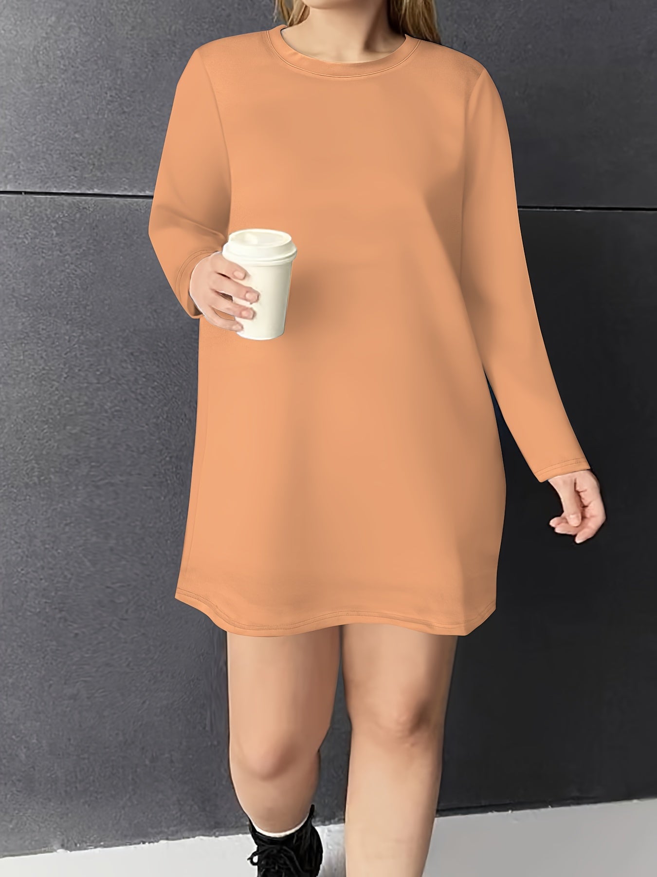  Solid Long Sleeve Round Neck Tee Dress