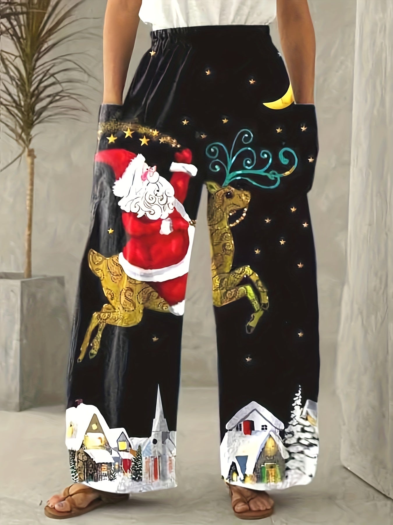 Women's Plus Santa & Reindeer Print High Rise Wide Leg Pants