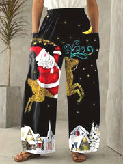 Women's Plus Santa & Reindeer Print High Rise Wide Leg Pants