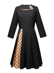  Retro Dress Colorblock Polka Dot Print Long Sleeve Round Neck Dress