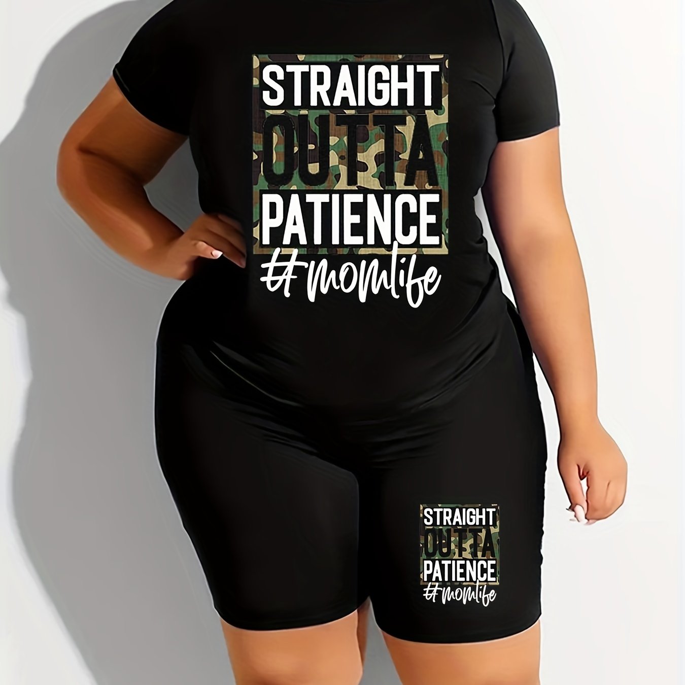  Camo & Letter Print Tee & Shorts 2 Piece Set