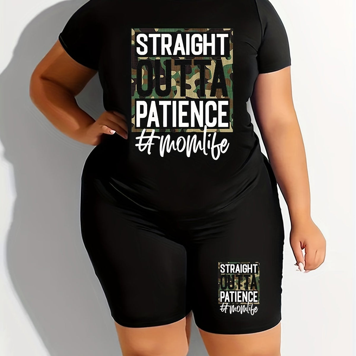  Camo & Letter Print Tee & Shorts 2 Piece Set