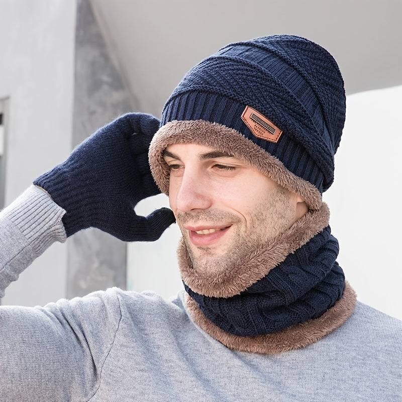 3pcs Casual Fleece Knitted Men's Outdoor Warm Hat Halter Gloves