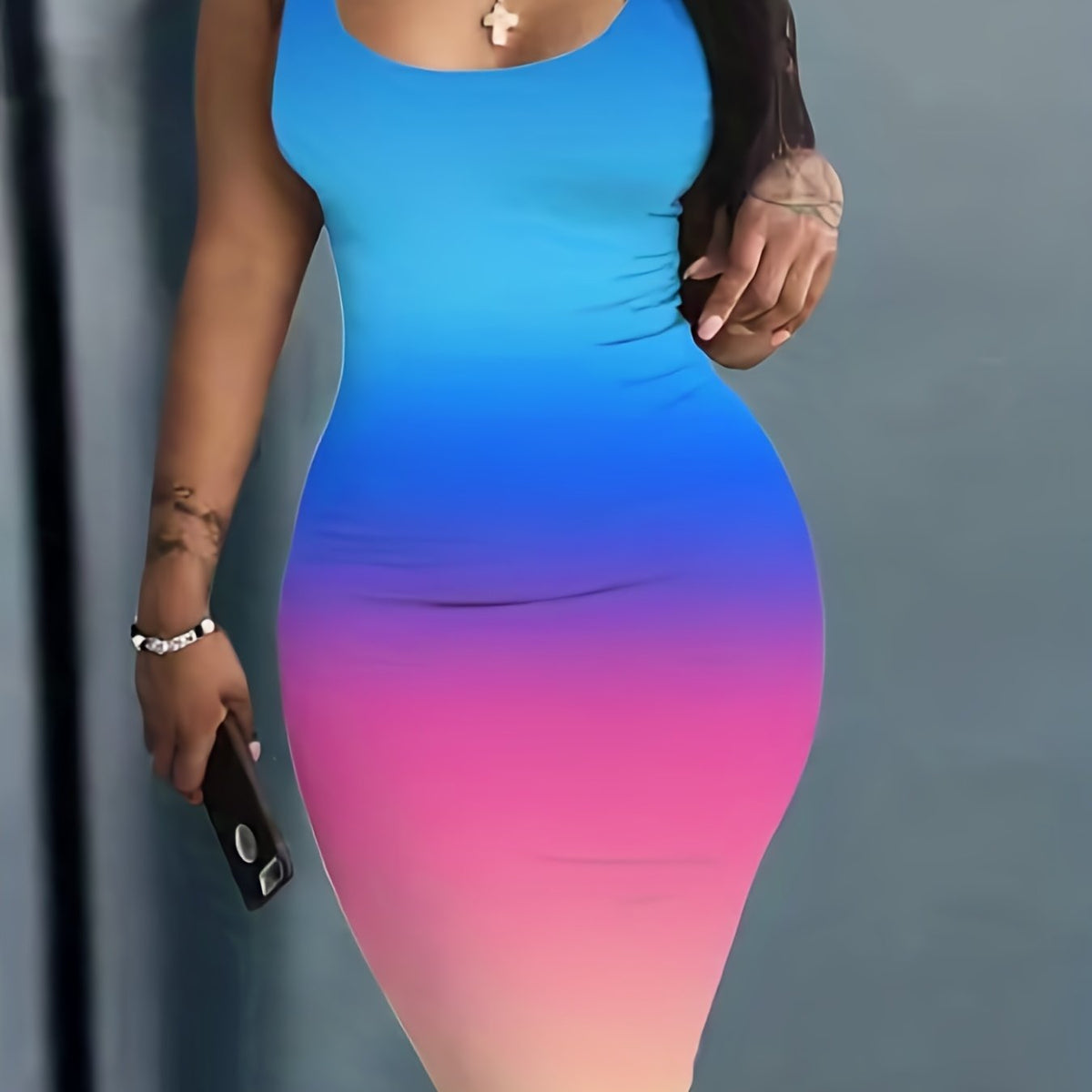  Colorblock Ombre Print Tank Dress