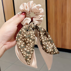 Floral Bow Hair Tie Elastic Scrunchie Large Streamer Hair Accessory for Women