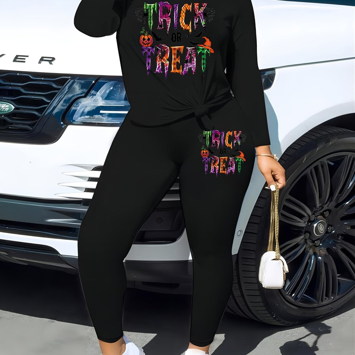 Women's Plus Pumpkin & Letter Print Tee & Legging Outfits Set