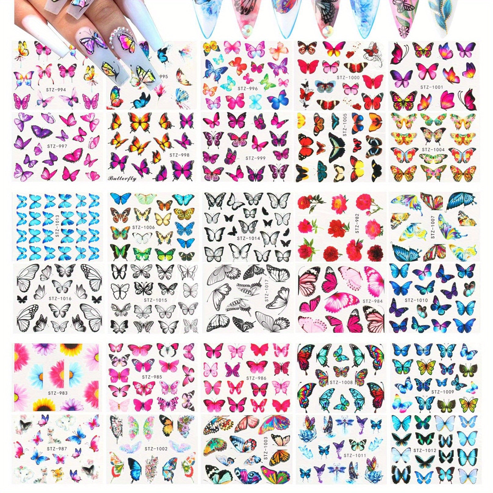 30 Sheets Butterfly Nail Art Stickers - Flower Patterns Manicure Tips