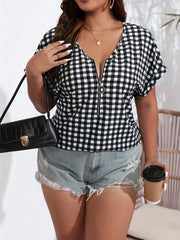  Casual Gingham Print Zipper V Neck Blouse