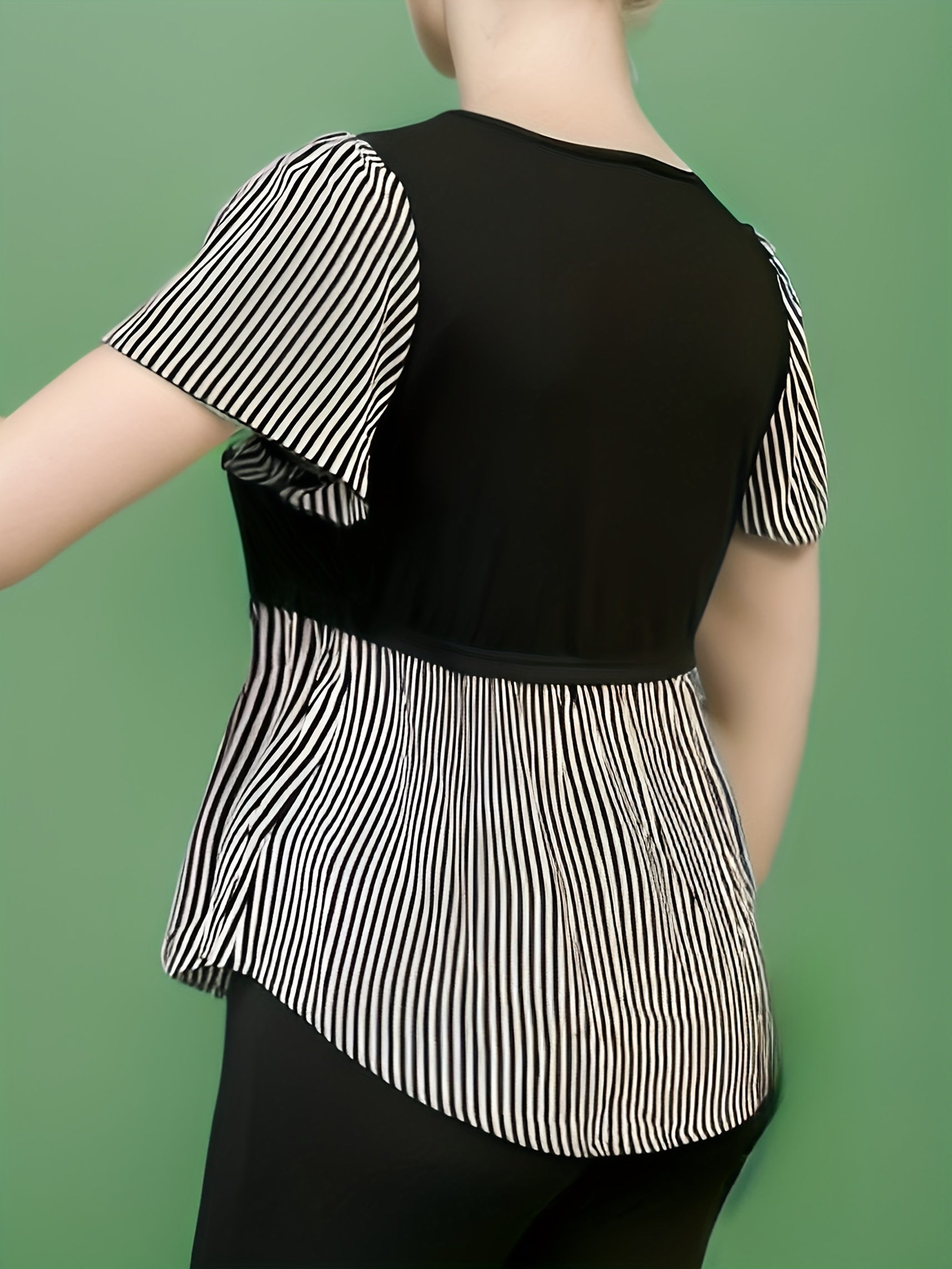  Colorblock Stripe Short Sleeve Blouse