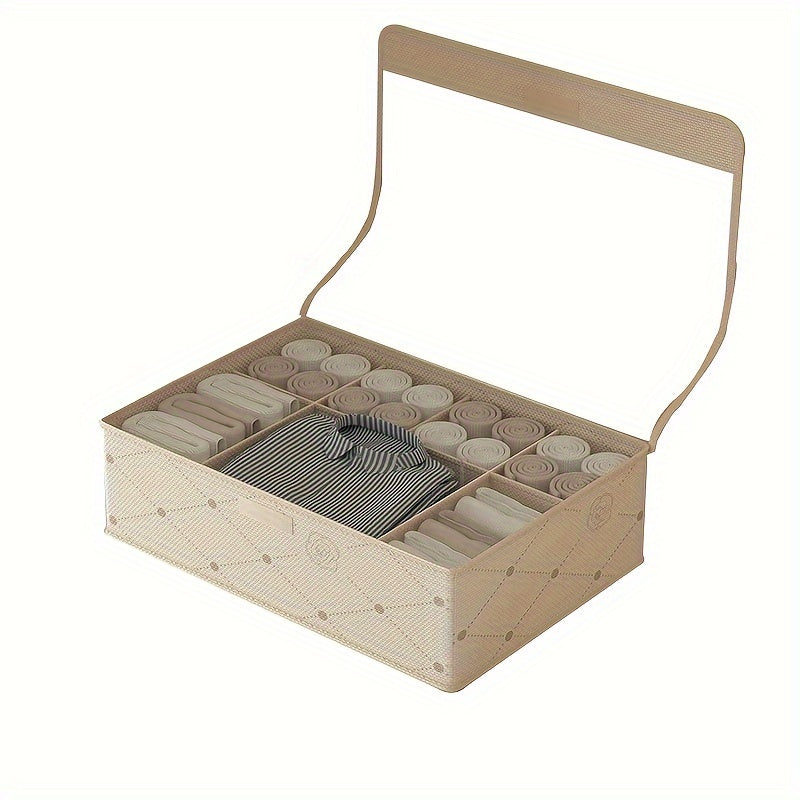 Underwear Drawer Storage Box Fabric Basket With Grids Handles