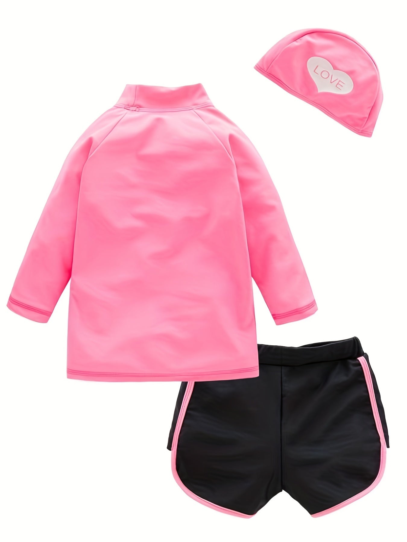 Girls 3pcs Swimsuit Long Sleeve Top & Shorts & Swim Cap LOVE Heart Pattern