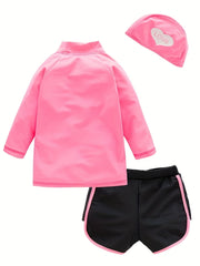 Girls 3pcs Swimsuit Long Sleeve Top & Shorts & Swim Cap LOVE Heart Pattern