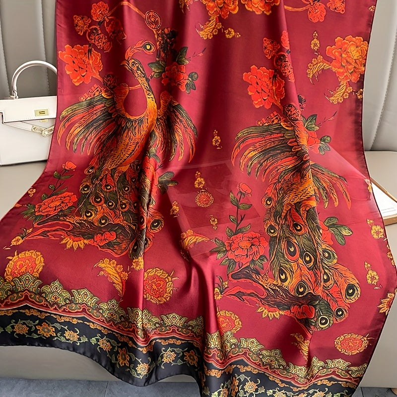 Red Peacock Print Silk Long Scarf Vintage Large Shawl
