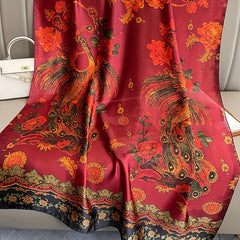 Red Peacock Print Silk Long Scarf Vintage Large Shawl