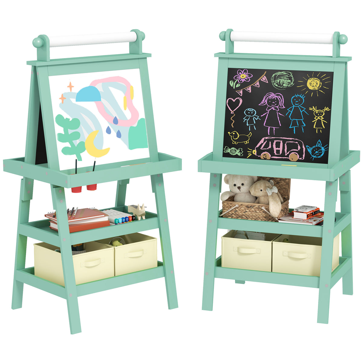 Kids Art Easel with Paper Roll, 3-in-1 Double-Sided Whiteboard & Chalkboard