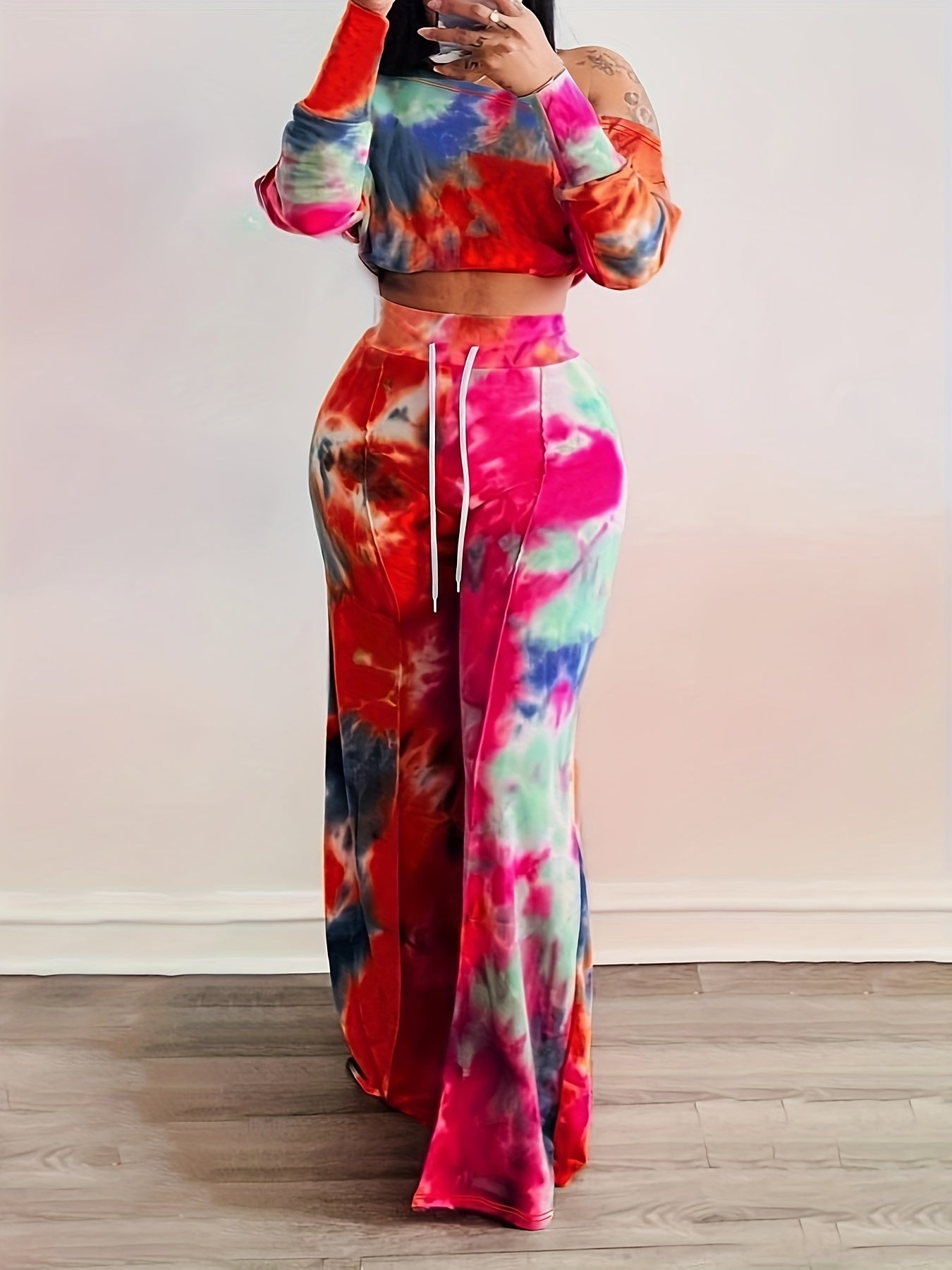  Tie Dye One Shoulder Crop Top & Wide Leg Pants Set