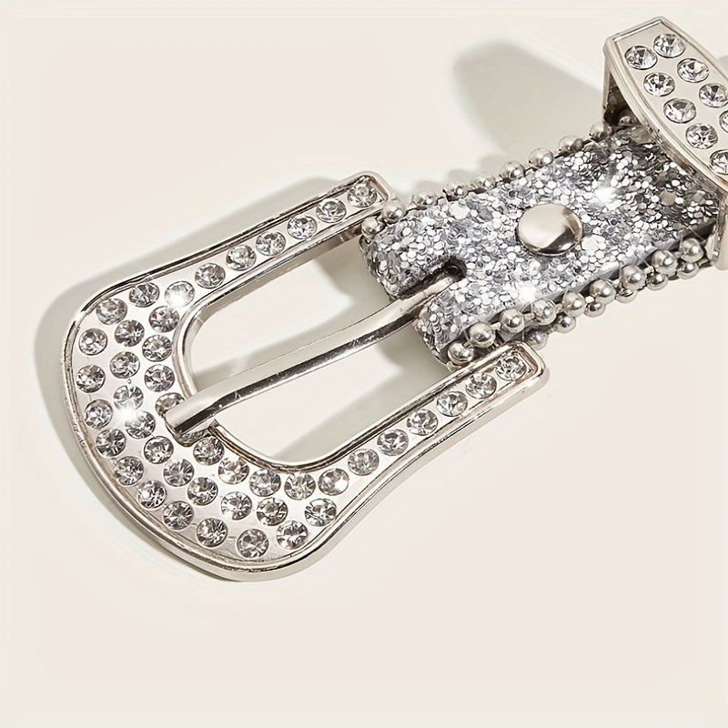 Glitter Rhinestone Belt Eyelet Pin Buckle PU Leather Belt