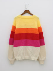  Colorblock Stripe Lantern Sleeve V Neck Sweater