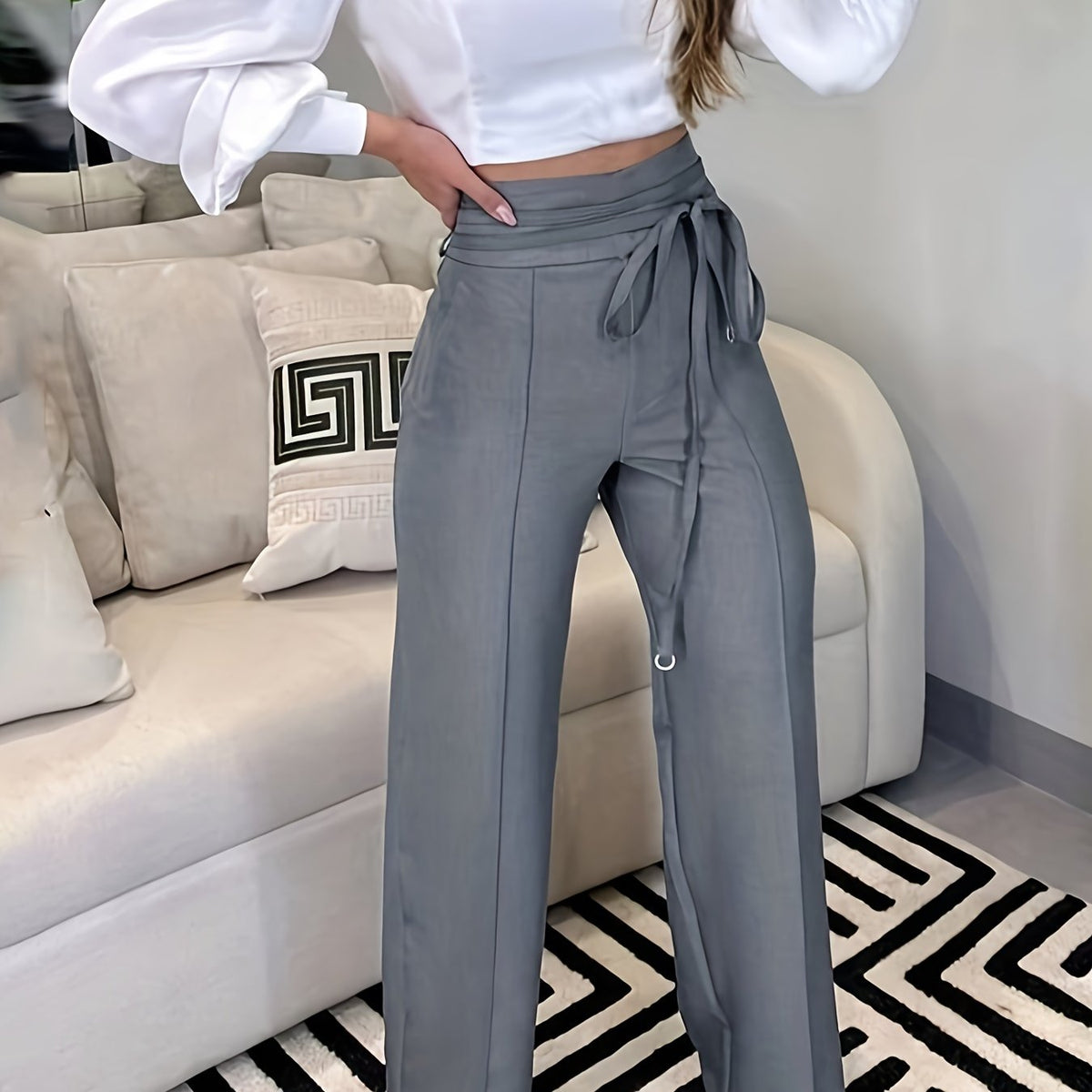  Casual Pants Women's Plus Solid Elastic Belted High Rise Wide Leg Trou