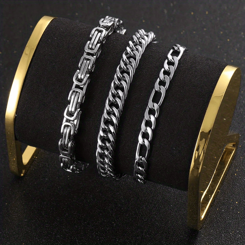 3pcs Silvery Stainless Steel Minimalist Cuban Chain Bracelet Set