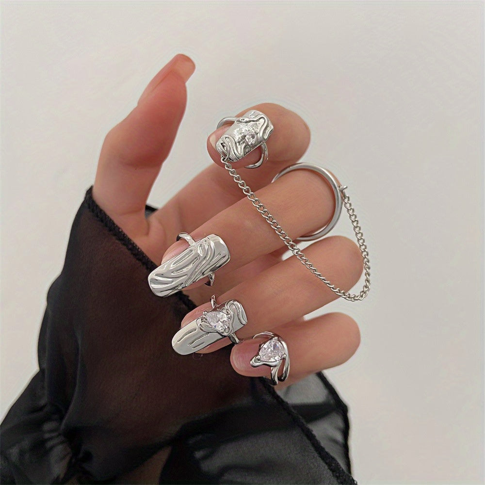 Alloy Geometric Nail Caps Set Of 4 Rings Hand Decoration Rhinestones