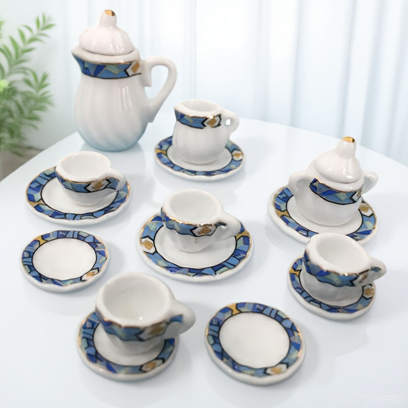 Miniature Tea Set for Dollhouse Decor, Tiny Cups & Teapot, Garden Scenes