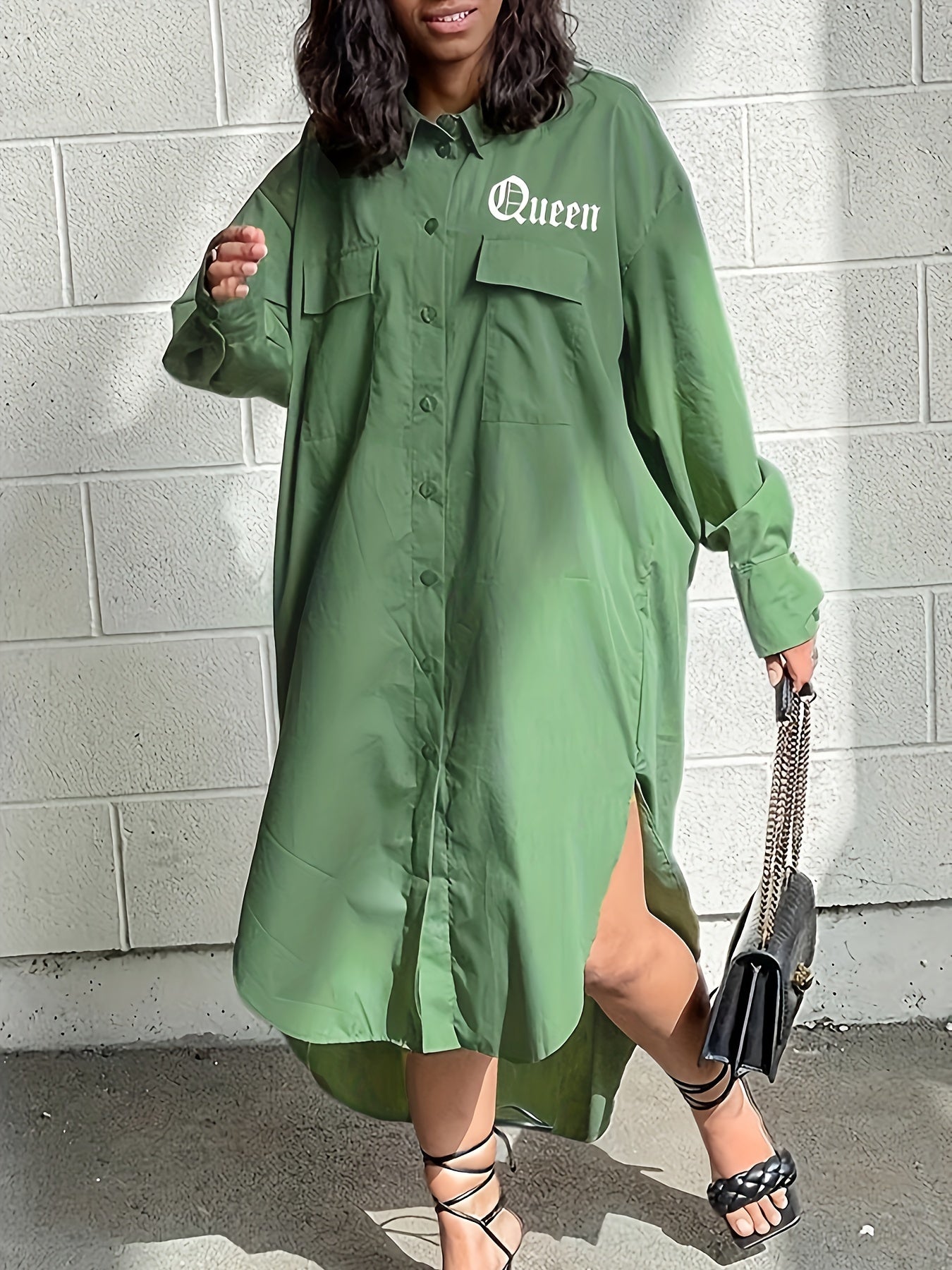  Letter Print Button Up Long Sleeve Shirt Dress