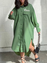  Letter Print Button Up Long Sleeve Shirt Dress