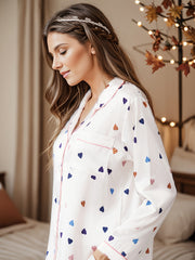 Heart Print Pajama Set Long Sleeve Buttons Top & Elastic Waistband Pants