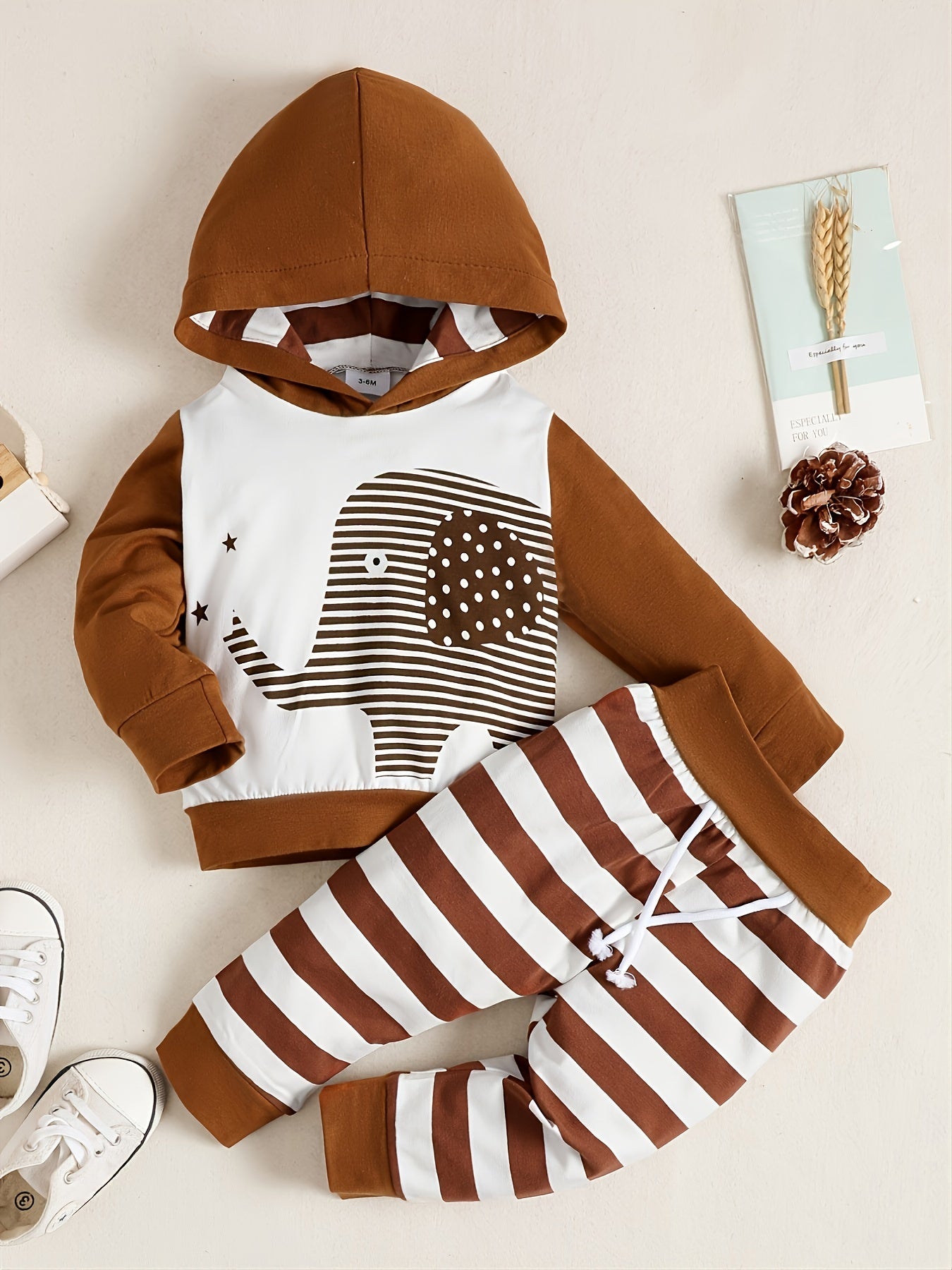 2pcs Baby Boys Elephant Hoodie & Striped Pants Set