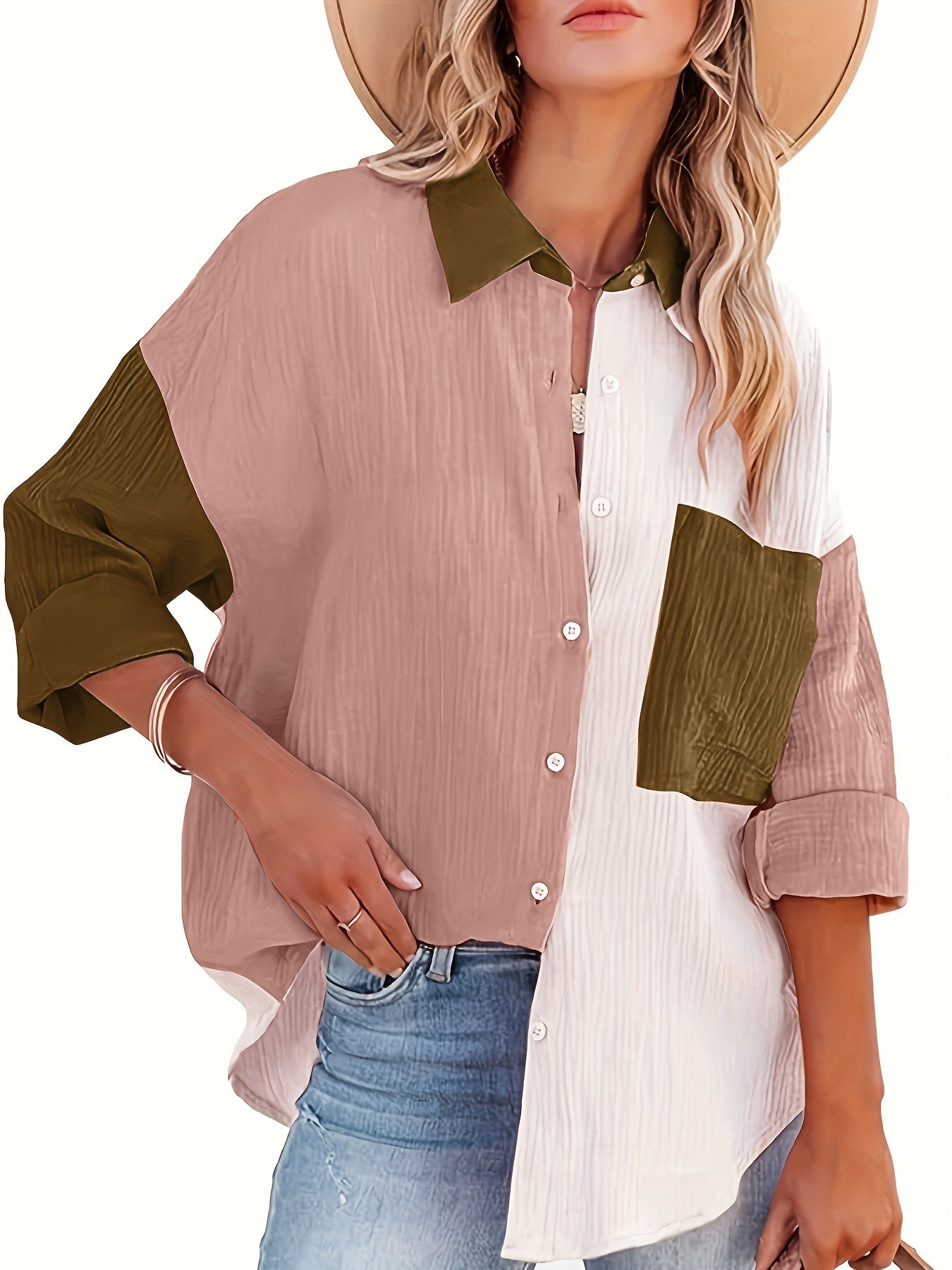  Colorblock Textured Button Up Shirt