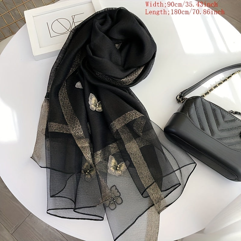 Plaid Pattern Scarf Butterfly & Faux Pearl Decor Shawl Wrap Head Wrap