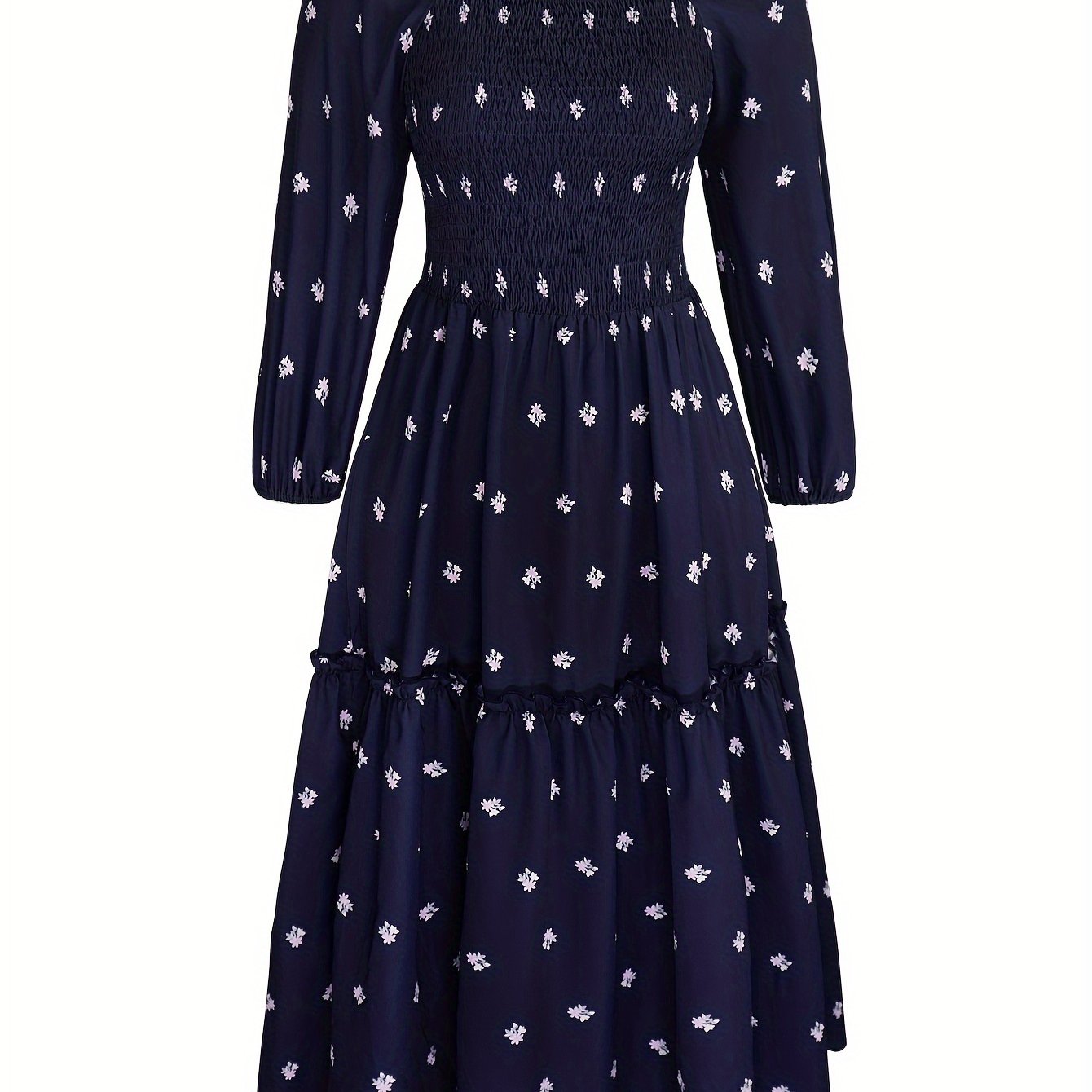  Floral Print Long Sleeve Smock Dress