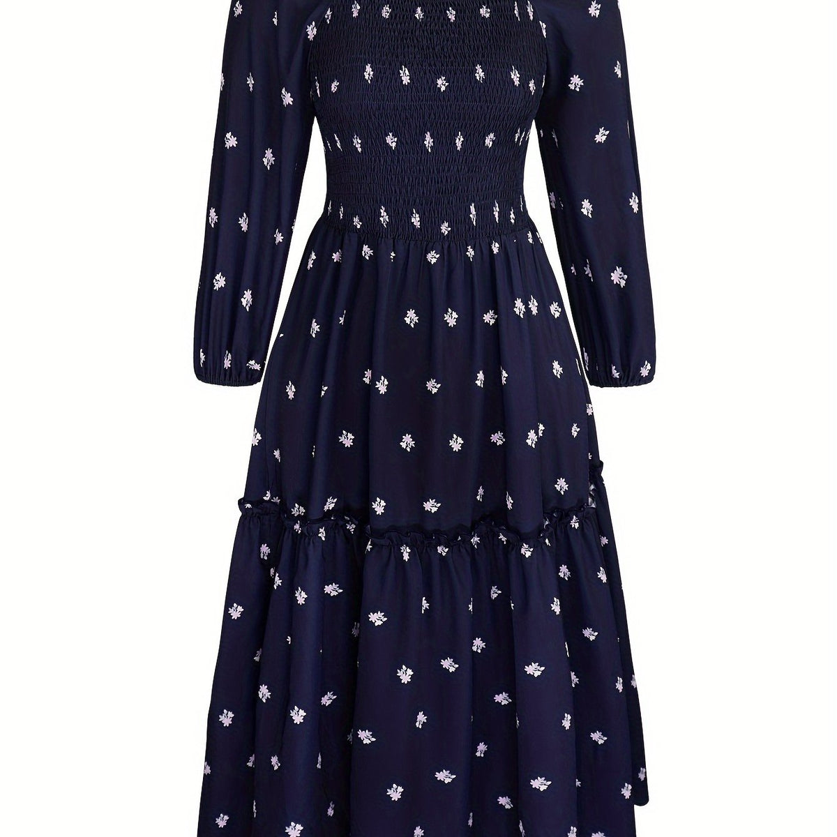  Floral Print Long Sleeve Smock Dress