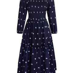  Floral Print Long Sleeve Smock Dress