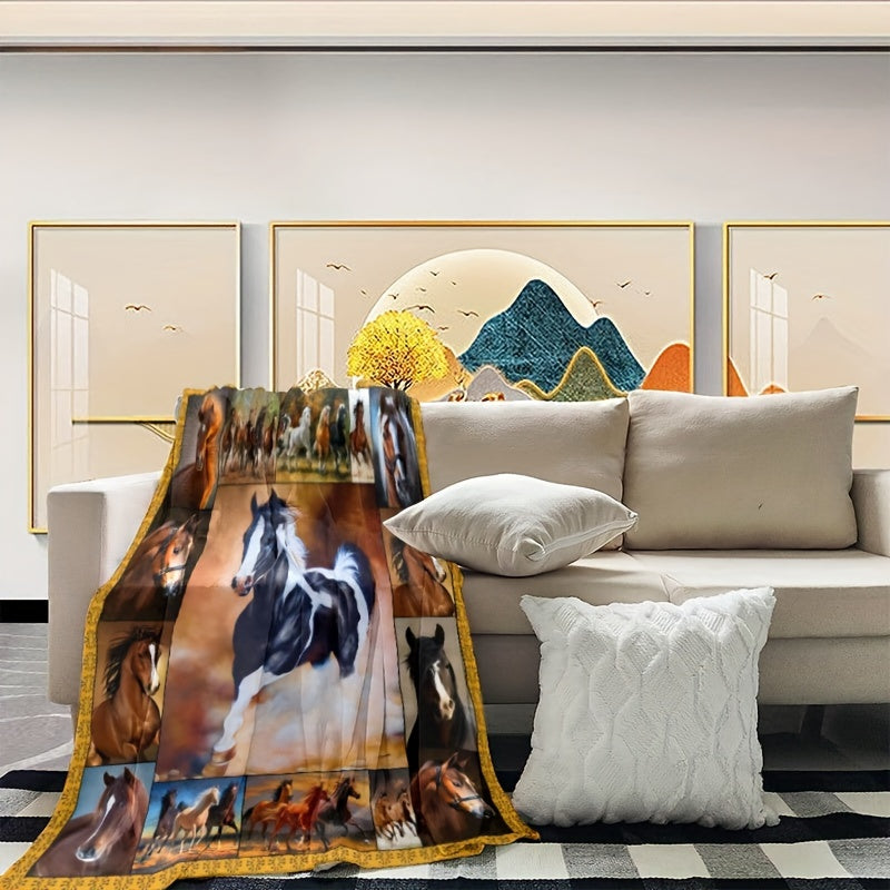 Running Horse Print Flannel Blanket Double sided Fleece Soft For Sofa Bed