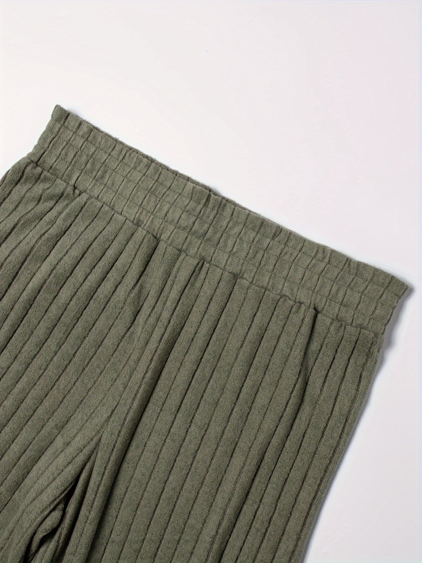  Wide Leg Trousers High Rise Solid Elastic Ribbed Casual Pants